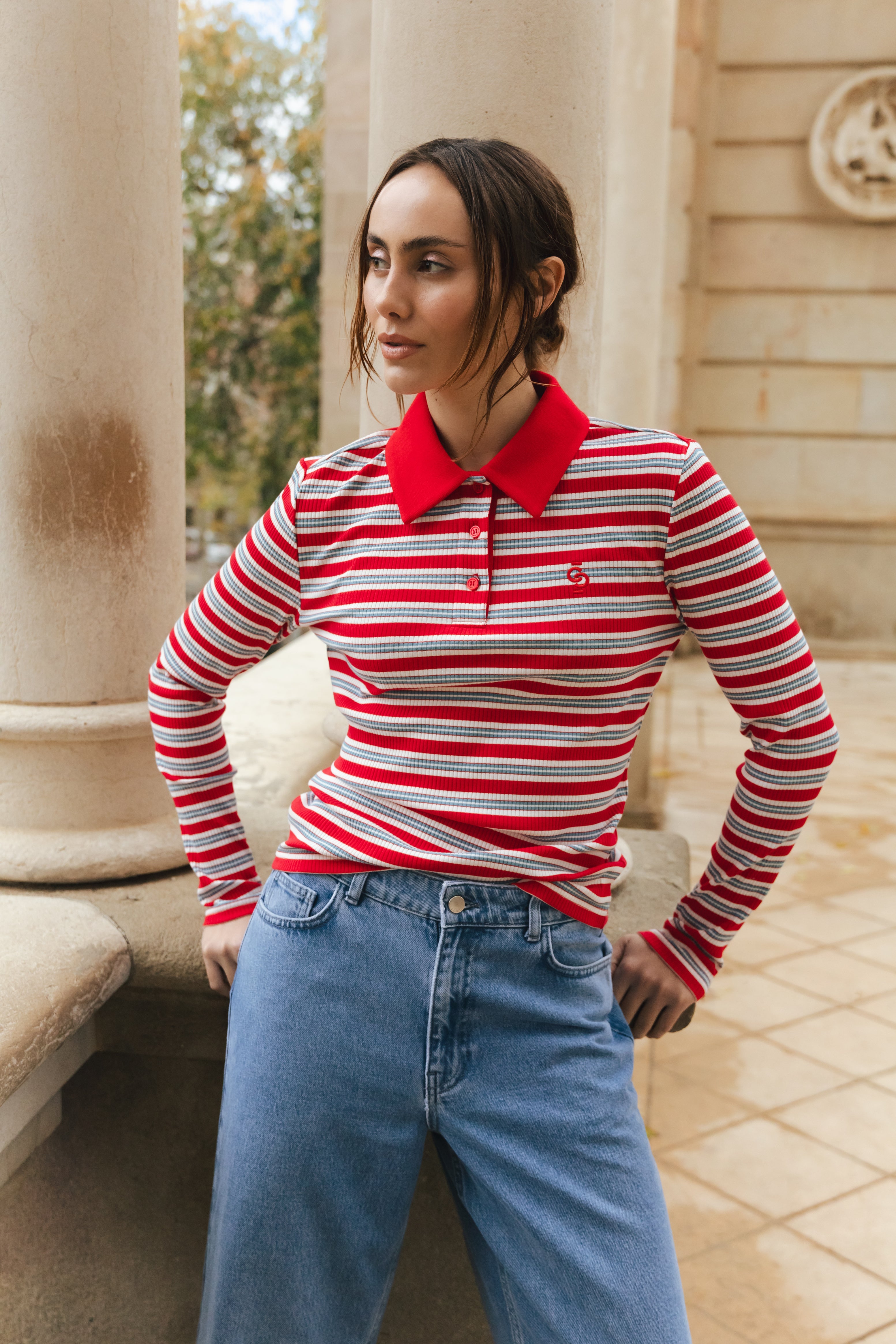 CRAS Lesliecras Polo Blouse Blouse 8148 Red Blue Stripe